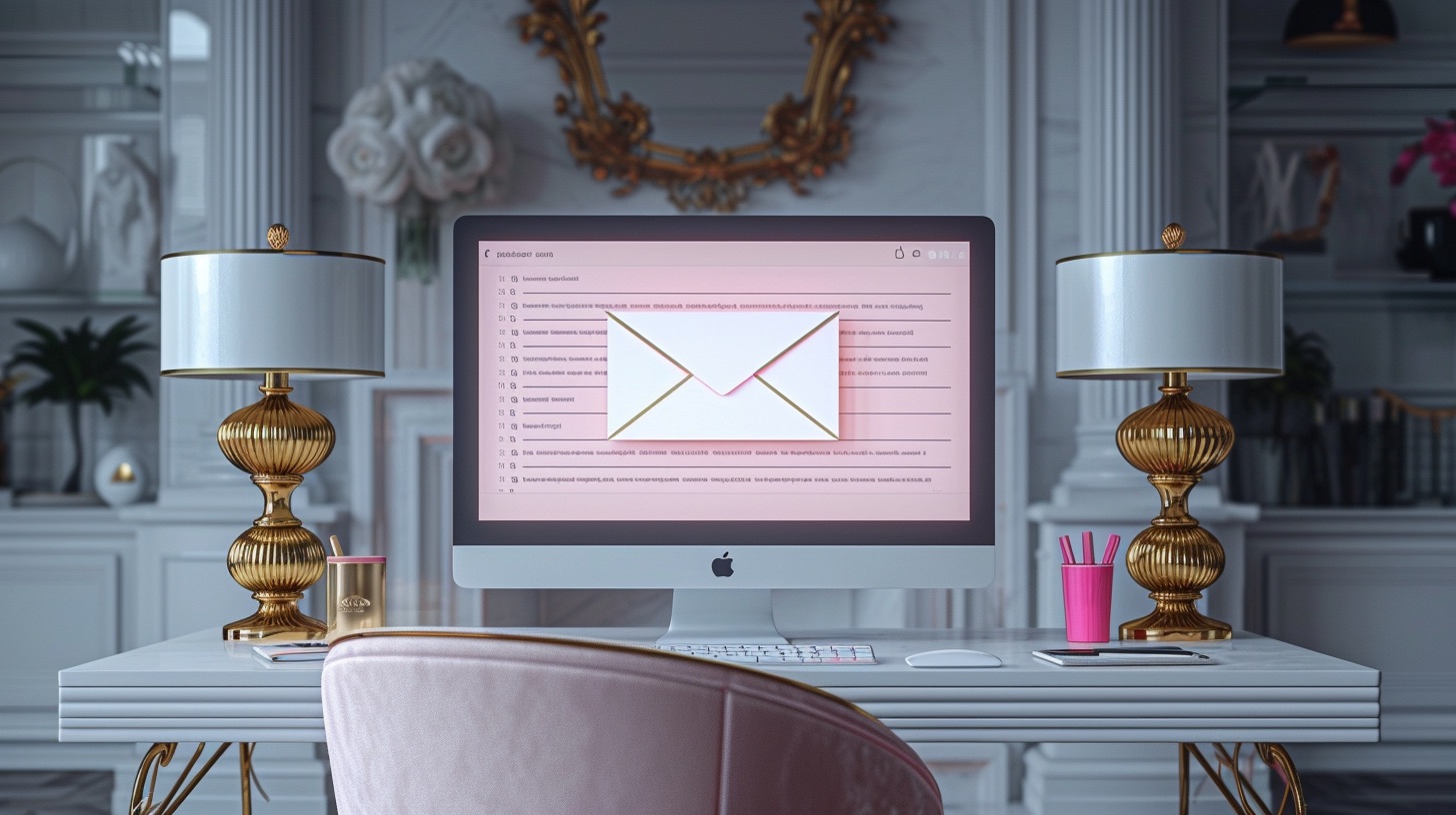 A beautiful home office with a computer screen showing email marketing templates.