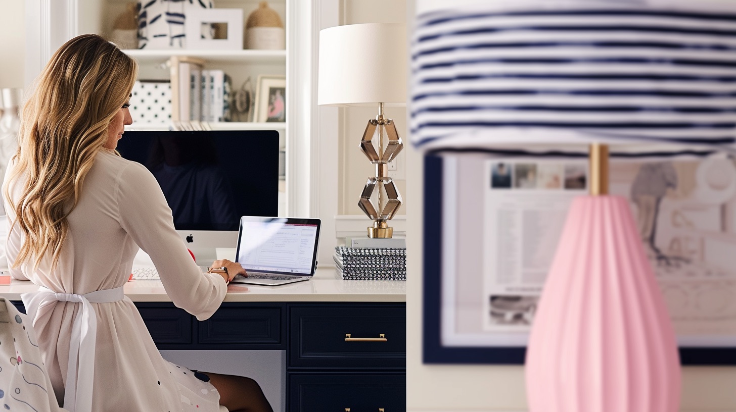 A woman sits at her desk in her home office working on email marketing campaigns.