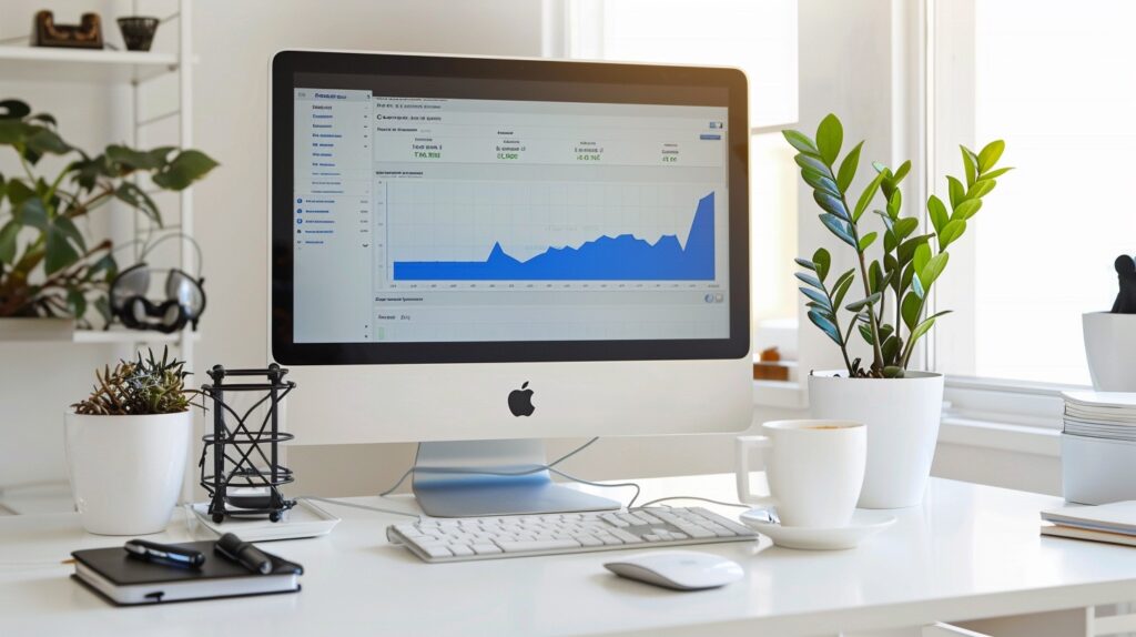 A computer sits on a pretty white desk. It's ready for cold email marketing.