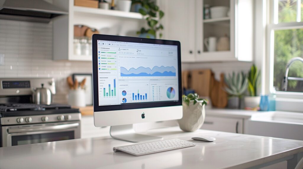 a computer sits on a kitchen counter. Marketing funnel stages.