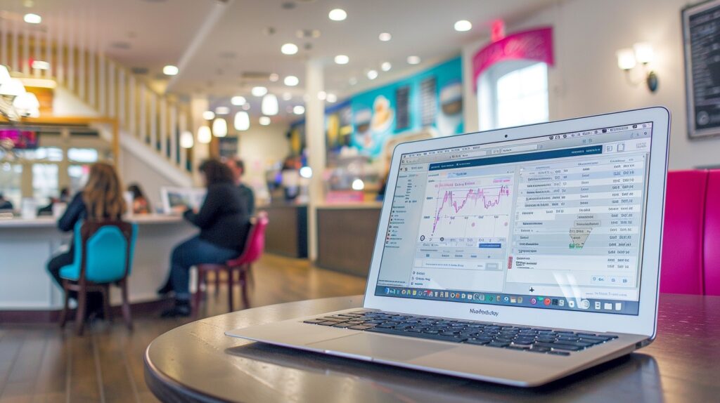 A laptop sits on a table at a coffee shop. Email marketing benefits.