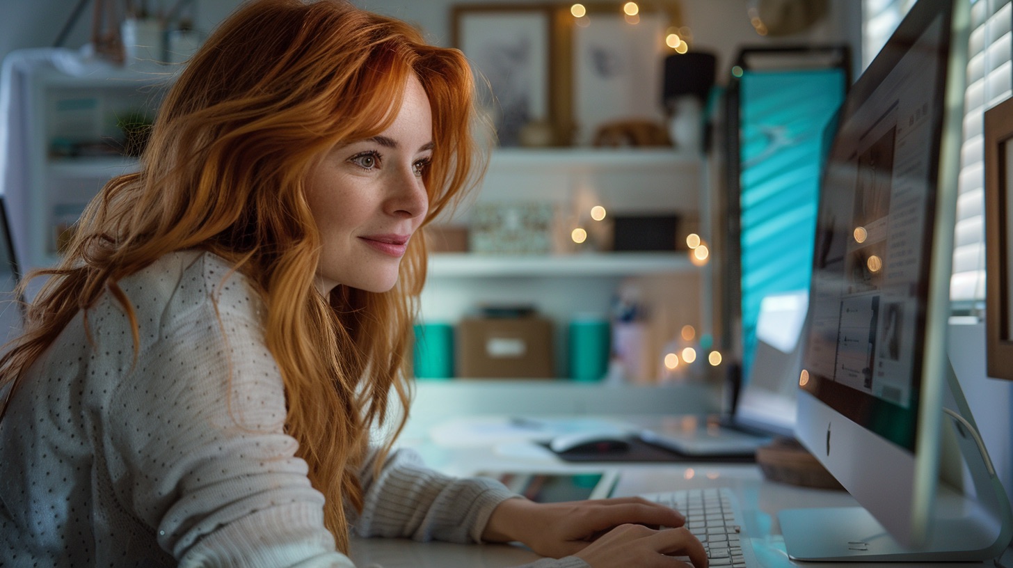 A woman is looking at her computer screen. She's happy she knows the advantages of email marketing.