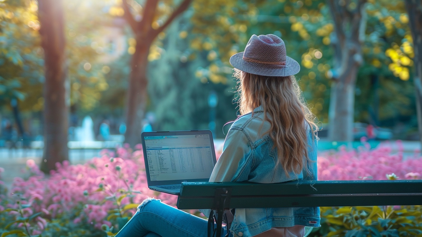 A woman sits on a bench at the park because email marketing benefits include the opportunity to earn passive income.