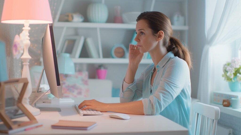 A woman seated at her desk in her home office. She is wondering about how to write good email subject lines.