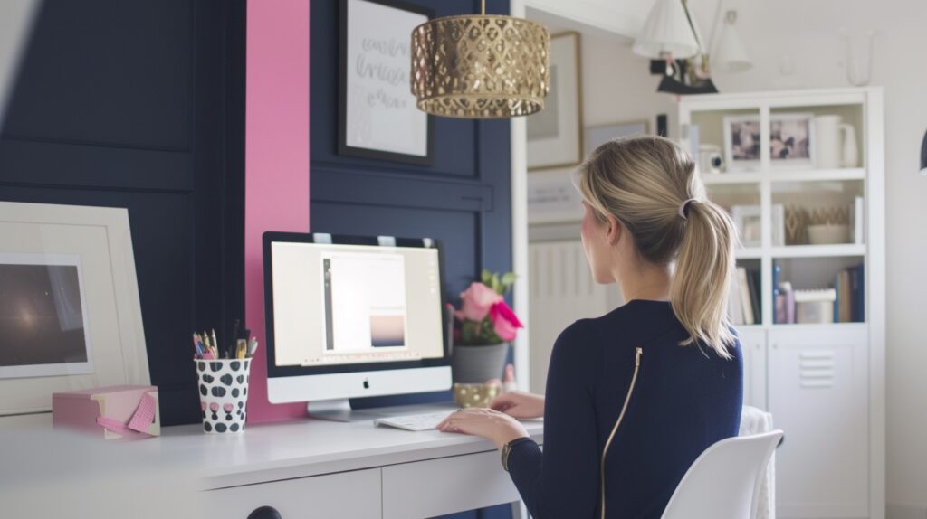 A woman sits at her desk working on email marketing campaigns