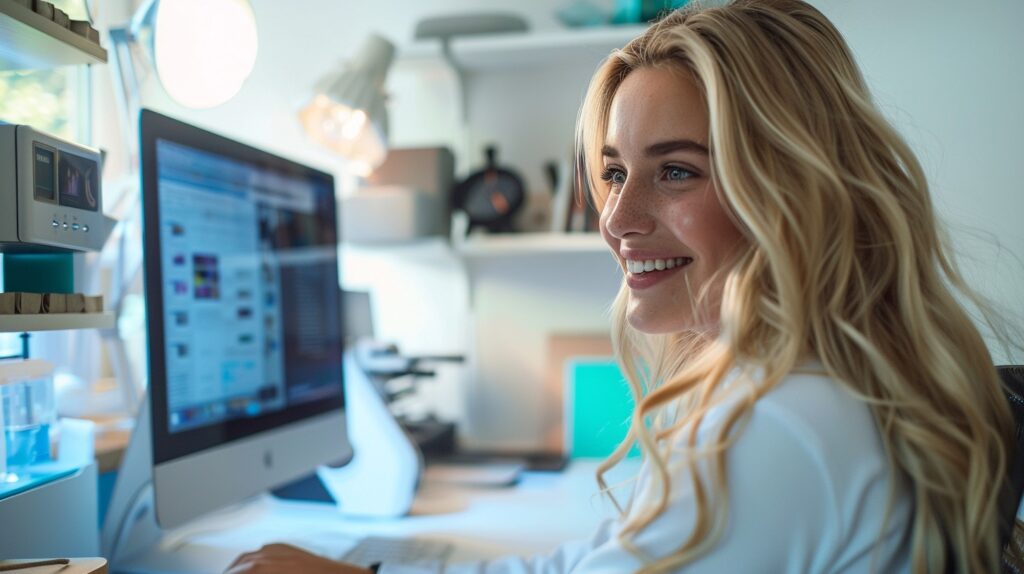 A woman sits at her desk in her home office. webinar funnels.