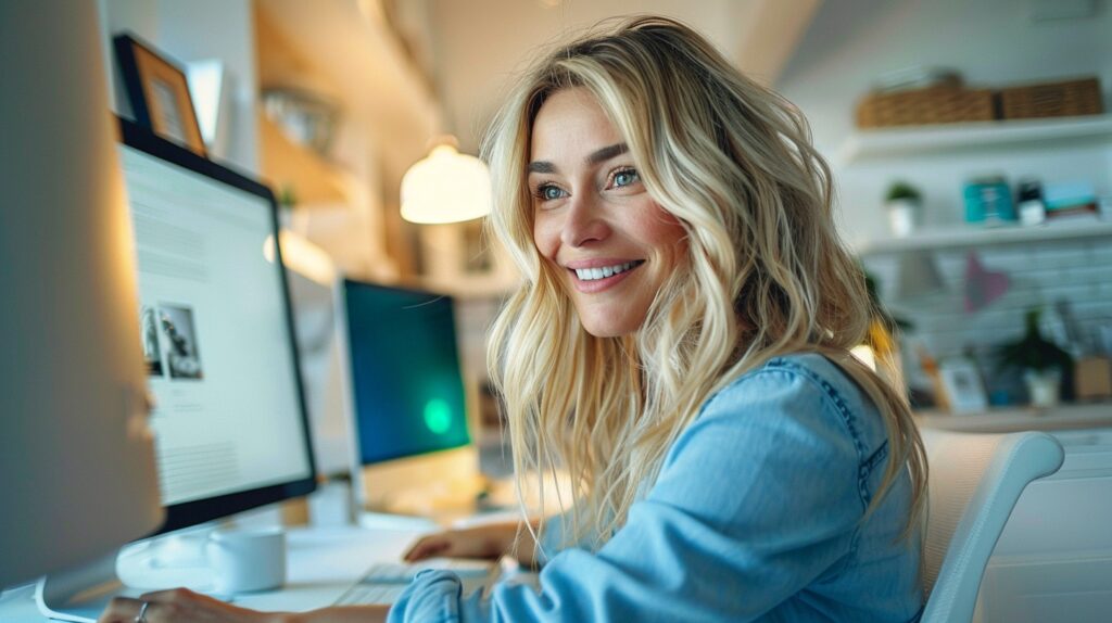 A woman sits at her desk writing emails. Effective email marketing strategy.