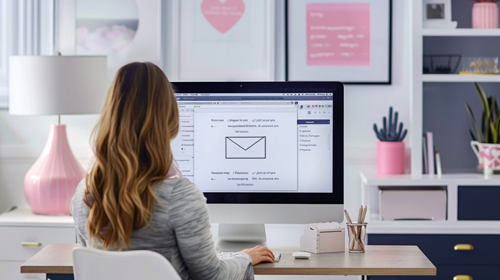 A woman sits at her desk in her home office studying marketing funnels