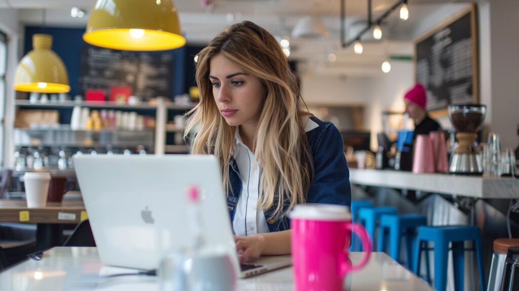 A woman sits in a cafe with her laptop looking at her funnel analytics.