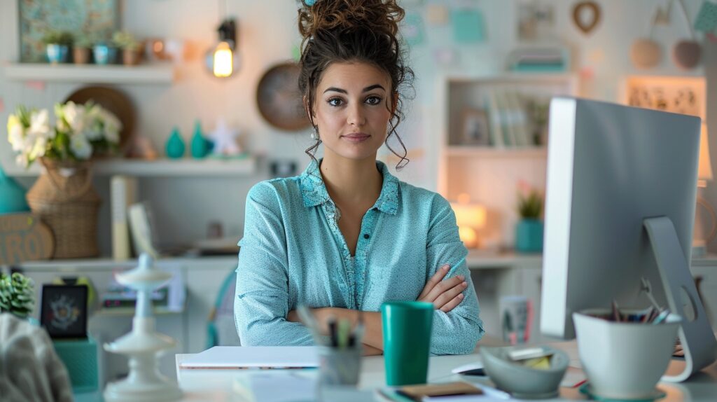 She's mastered email marketing for small business .  A small business owner sits at her desk looking satisfied. 