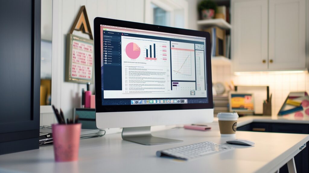 A computer screen sits on a desk with images of reports open. Marketing Funnel content.