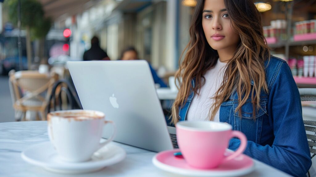 A woman sits at a cafe with her laptop working on an onboarding funnel.