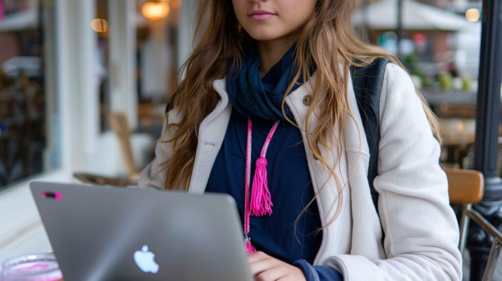 A woman sits at a cafe working on her lap. She's working on email marketing automation. 