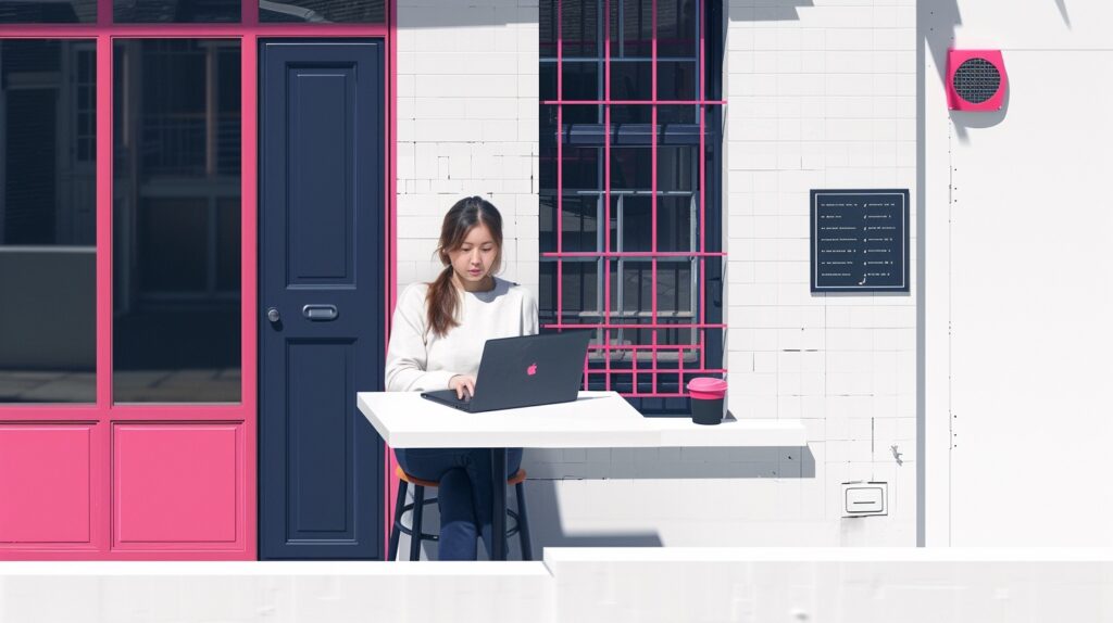 a woman sits outside with her laptop working on her quiz funnels.