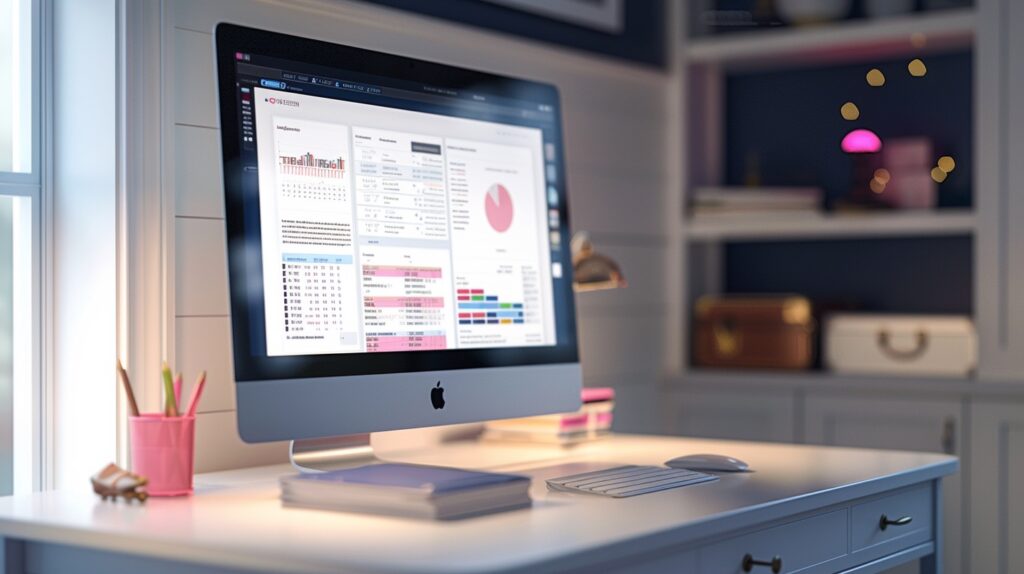 A computer sits on a desk in a home office. There are charts and graphs on the screen. survey funnels.