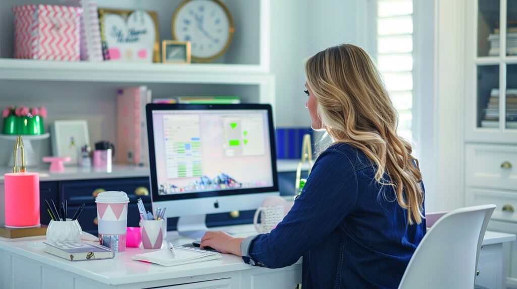 A woman sits at her desk in her home office working on content marketing funnels. 