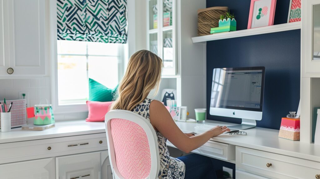 A woman sits in her office in front of her computer working on ecommerce funnels