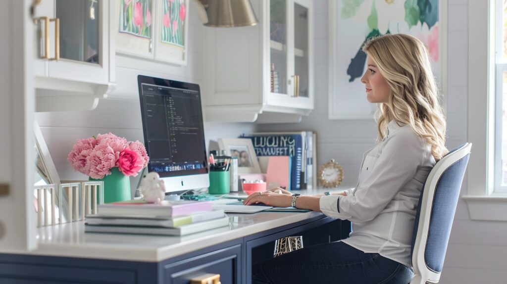 A woman sits at her desk in front of her computer. landing page funnel