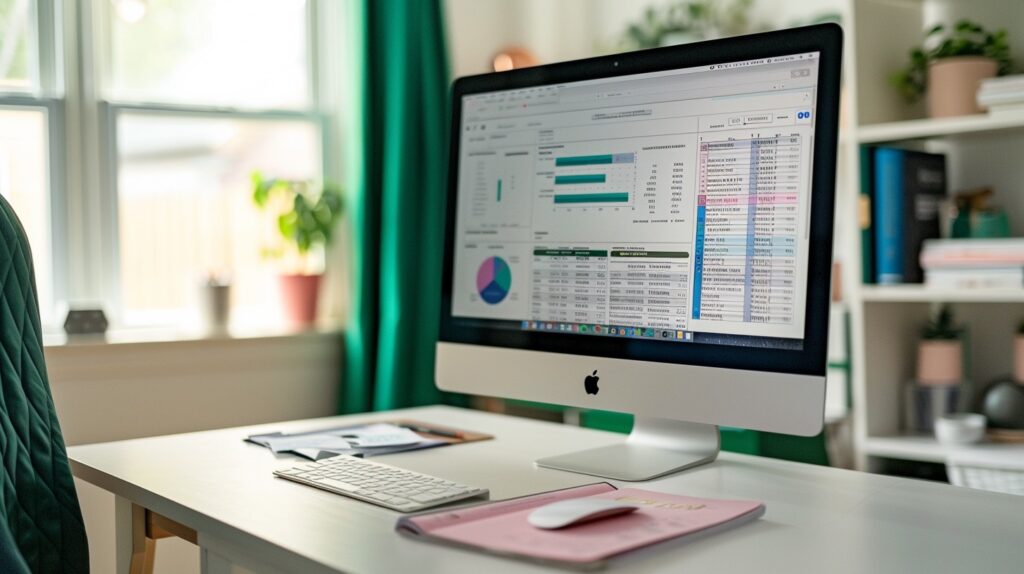 A computer with charts and graphs on the screen in a white office with green curtains. tripwire funnel