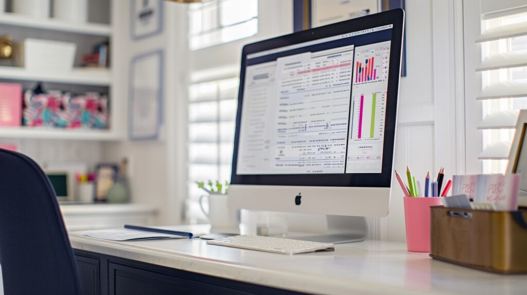 a computer on desk in a small office with email marketing statistics