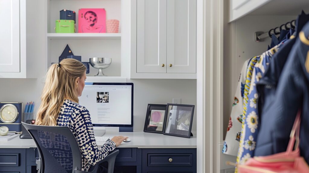 A woman sits at her desk in her home office working on funnel visualization. 